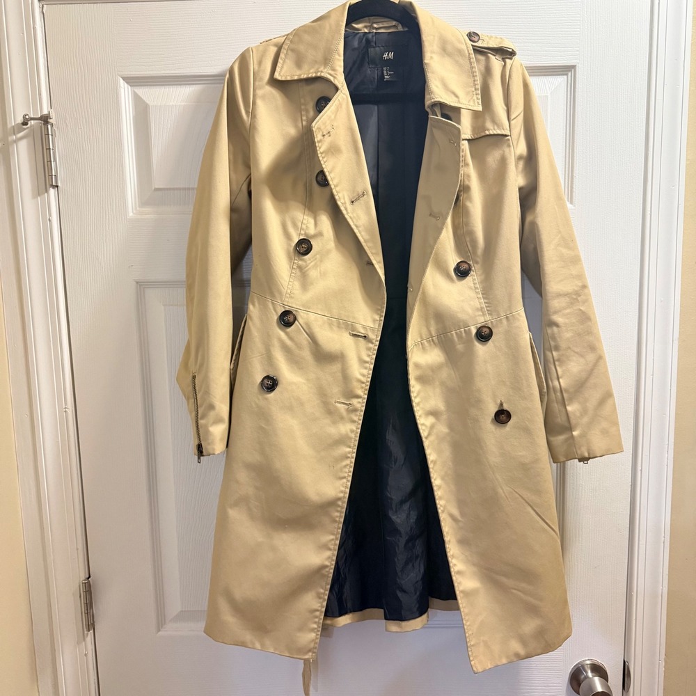 HM Womens Tan Beige‎ Double Breasted Trench Coat Belted Zipper Cuffs Size 6